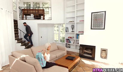 Petite blonde teen bends her phat ass on the couch and takes rock hard cock from behind