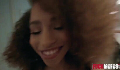 Good looking ebony teen with round bubble butt bounces on big white cock like a pro POV