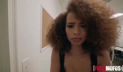 Good looking ebony teen with round bubble butt bounces on big white cock like a pro POV