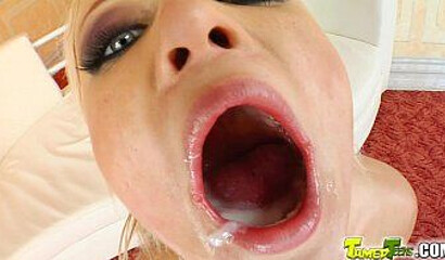 Big ass teen teases two hung stallions and takes their rock solid cocks right up her holes