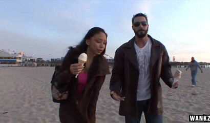 Adorable teen with natural titties and big booty gives head and gets fucked doggy style