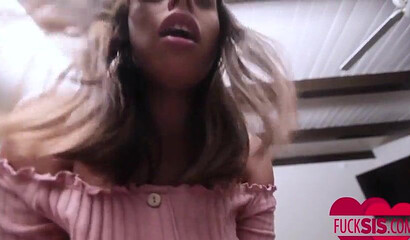 Hot stepsister with big ass and hairy twat rides rock solid cock with passion in POV