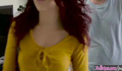Pretty redhead young woman seduces a hung stud and fucks his brains out on the sofa
