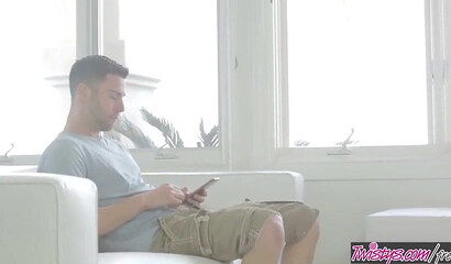 Pretty redhead young woman seduces a hung stud and fucks his brains out on the sofa
