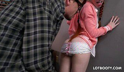 Skinny ginger teen with juicy booty is ready for a wild dick riding action with stud