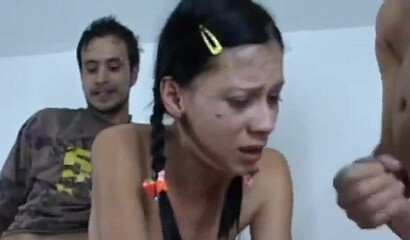Two perverted dudes take turn ass fucking skinny teen with small tits hard and deep