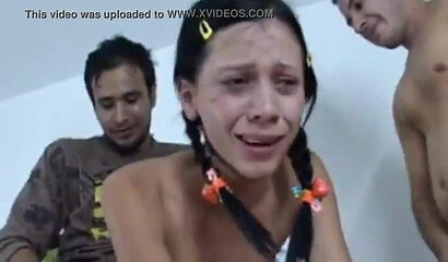 Two perverted dudes take turn ass fucking skinny teen with small tits hard and deep