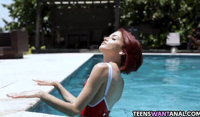 Tiny redhead teen bends her skinny ass over and has hardcore anal session with stud