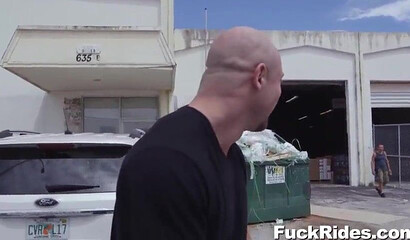 Amazingly hot babe with phat round ass fucks with hung bald hunk in backseat of a car