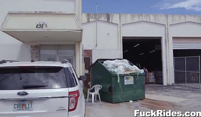 Amazingly hot babe with phat round ass fucks with hung bald hunk in backseat of a car