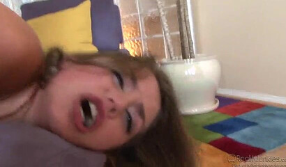 Pretty teen with big boobs bends her cute ass over and receives hardcore doggy styling