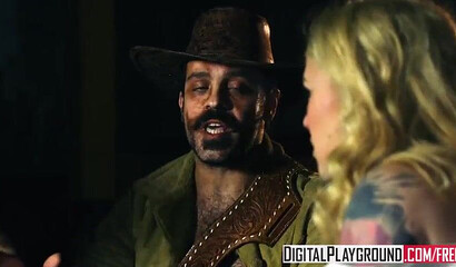 Thick ass blonde and her slutty girlfriends are plowed hard in the Wild West setting