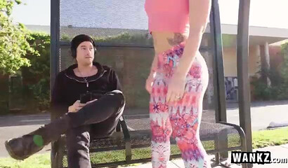 Nasty redhead with a big booty shows her blowjob skills before she is fucked on the street