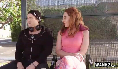 Nasty redhead with a big booty shows her blowjob skills before she is fucked on the street