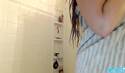 Big ass Latin plays with her unshaved pussy in the shower and then plays with big dildo