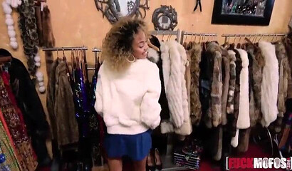 Phat ass ebony sucks a mean cock while shopping before he pokes her warm snatch wildly