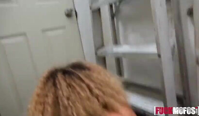 Phat ass ebony sucks a mean cock while shopping before he pokes her warm snatch wildly