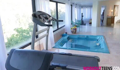 Petite brunette babe with a round big butt fucked doggy styled by her fitness instructor