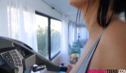 Petite brunette babe with a round big butt fucked doggy styled by her fitness instructor