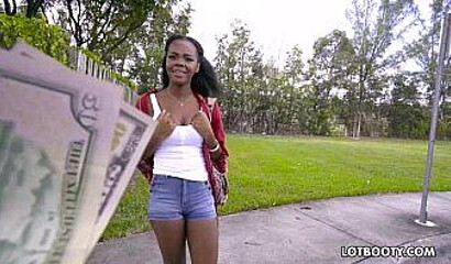 Ebony teen gives her fat booty to a guy willing to pay her for pussy drilling in the car