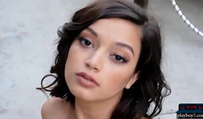 Busty teen beauty shows her round ass and shaved pussy, posing by the swimming pool