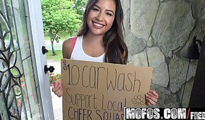 Big ass teen came for the car wash but she doesn't mind shoving a cock in her cunt instead