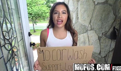 Big ass teen came for the car wash but she doesn't mind shoving a cock in her cunt instead