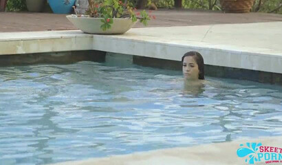 Busty big ass brunette takes a hard pounding in her dripping wet pussy near the swimming pool