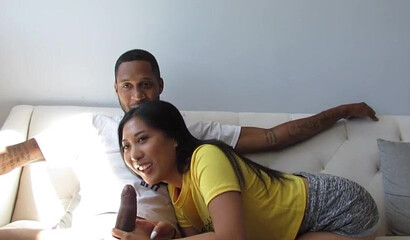 Brave fat ass Asian sucks a big black cock before it enters her snatch and pounds her deeply