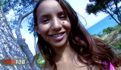 Nimble Latina teen shows her big ass and bravely lets a big guy fuck her pussy balls deep
