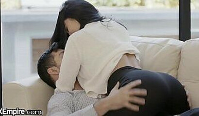 Young big bottom brunette sucks her man on the couch and lets him pound her wet snatch