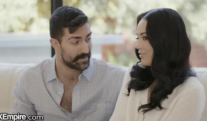 Young big bottom brunette sucks her man on the couch and lets him pound her wet snatch