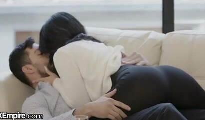 Young big bottom brunette sucks her man on the couch and lets him pound her wet snatch