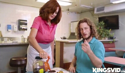 Horny mom with fat bottom gladly strips for a younger guy and rides hard his giant shaft