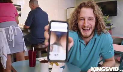 Horny mom with fat bottom gladly strips for a younger guy and rides hard his giant shaft