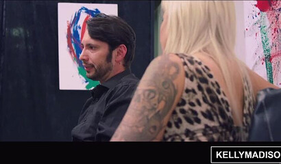 Tattooed blonde bimbo lets a lucky man use her fat ass to nail her deep with his hard dick