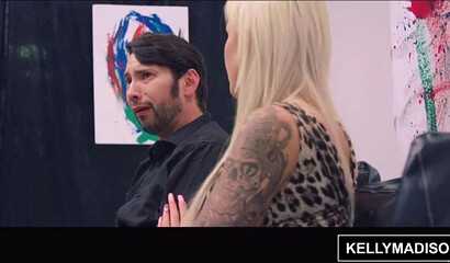 Tattooed blonde bimbo lets a lucky man use her fat ass to nail her deep with his hard dick