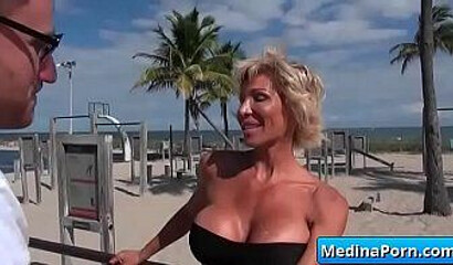 Blonde MILF with fat ass is desperate to seduce much younger guy and make him fuck her