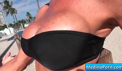 Blonde MILF with fat ass is desperate to seduce much younger guy and make him fuck her