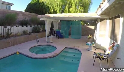Lucky pool boy is fucking big ass MILF in her asshole as swallows every drop of his load