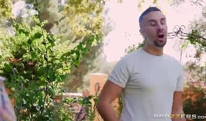 Big ass blonde MILF sucks his enormous dick and rides him hard cowgirl style in the garden