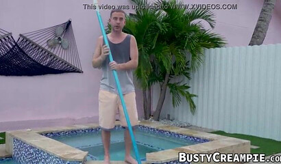 Lusty MILF seduces a pool boy with her enormous tits and lets him pound her fat bottom