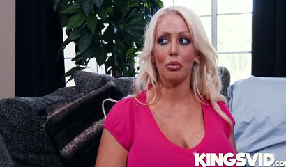 Thick blonde with a fat ass struggled while taking a young dude's cock inside her hole