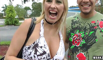 Blonde chick gets stopped in the street and is convinced to fuck this guy raw on the couch