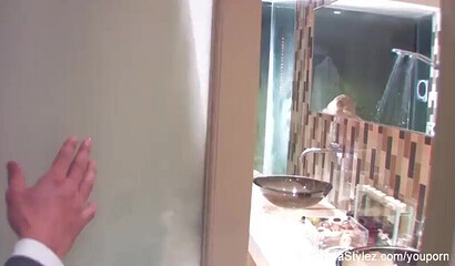 Incredible blonde takes a shower and the sucks this dude off like it's her day job in it