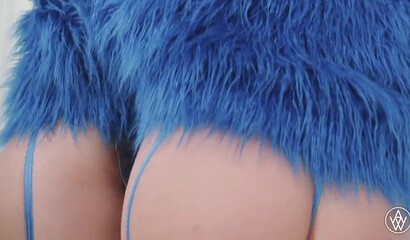 Beautiful babe wearing a hot blue lingerie set gets bent over and eaten out like a queen