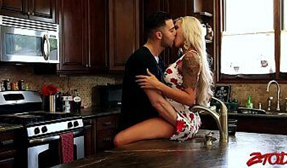 Tattooed blonde mom demonstrates impressive blowjob skills before her fat ass is invaded