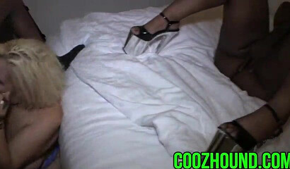 Horny dudes with huge black dicks fucking two black and white fat ass bitches in a motel