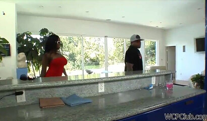 Ebony with a thick fat ass and massive titties has her cheeks clapped by one hung stud