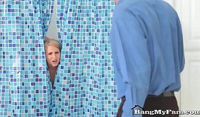 Step mom shows son a good time as he sticks his cock through the shower curtains for her
